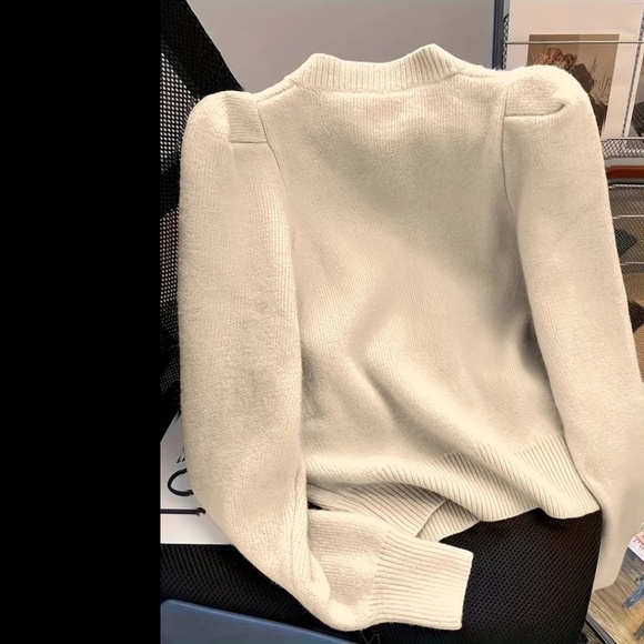 Cardigan Crew Neck Beaded Button Front Long Sleeve Apricot - Picture 4 of 5